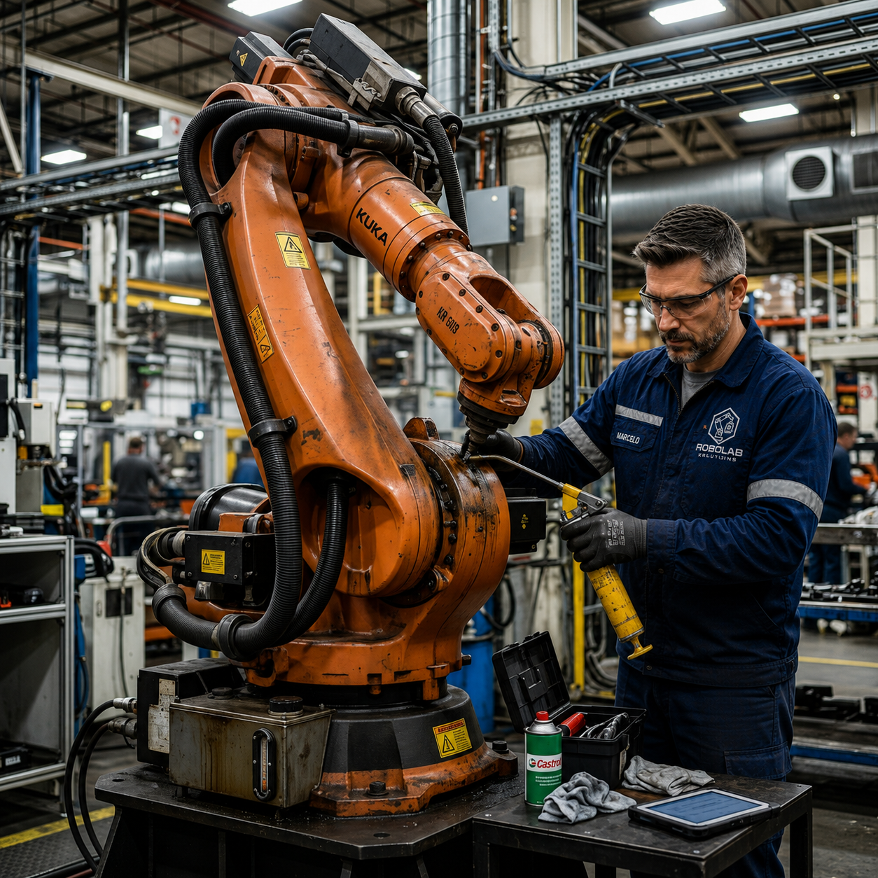 Manutenção mecânica e troca de óleo do robô