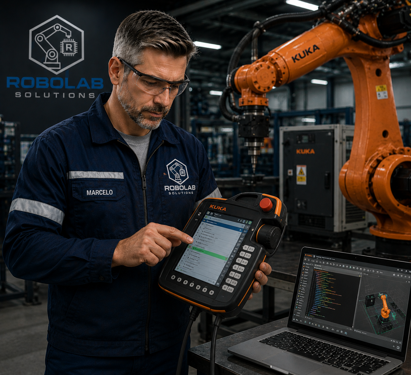 Técnico realizando manutenção preventiva em robô Kuka