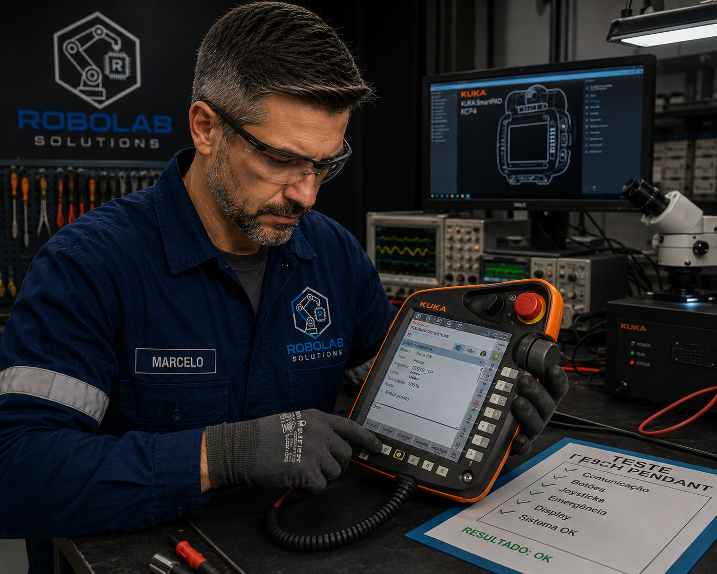 Técnico realizando reparo em Teach Pendant